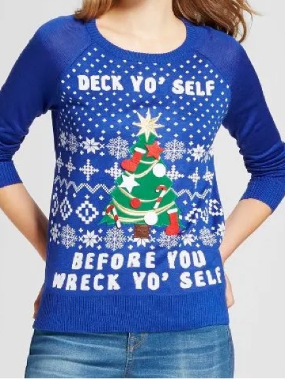 Ugly Christmas Sweater Royal Blue "Deck Yo' Self" Crewneck Sweater Sz-S. FFF19.